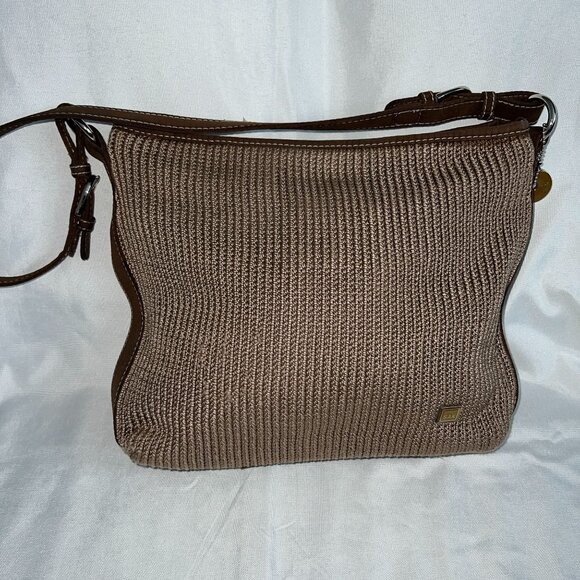 The Sak Taupe Crochet Shoulder Bag With Adjustable Strap & Argyle Lining - Picture 2 of 8